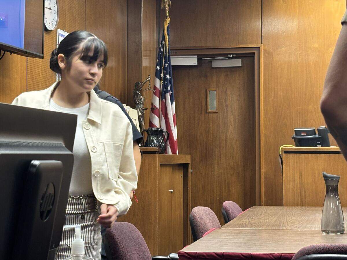 Cassandra Michael, 18, enters Department 50 of the Fresno County Courthouse on Wednesday, Aug. 5, 2026, on the third day of trial. She’s accused of the murder of Caleb Quick from April 2025, when she was 16.
